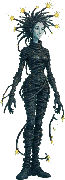 Sister Fuse, sosok ramping terbungkus tali sumbu hitam dengan percikan di rambutnya.