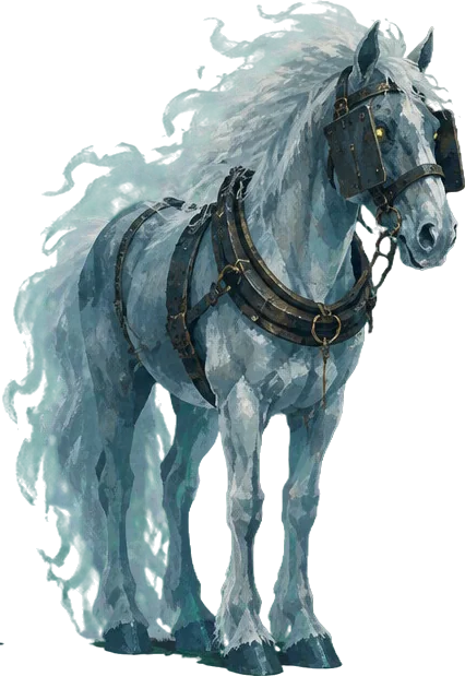 The Quiet Pony, roh kuda tambang abu pucat berkekang kulit dengan surai seperti kabut.